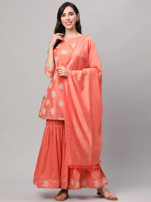 peach floral printed kurta sharara dupatta