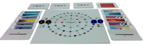 A game of ...and then we held hands, ready to begin. The board is in the centre, made up of three concentric rings made up of dots in blue, green, black, and red. On each side is a five-space sliding scale of negative two to positive two. There is a red glass bead on the centre space of the left scale, with another red bead on the space of the outermost ring closest to that scale. Two blue beads are arranged in a similar fashion on the right side. On both the right and left side are six emotion cards, each of which covers half of the card below it, and the top card half-covered by a plain white and grey cover card. On the far side of the board are three stacks of eight goal cards, with one card turned face up next to the first stack to show the red 'anger' icon.