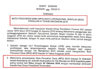 Surat Edaran Tentang Nota Pencairan Dana (NPD) BOS Triwulan IV Tahun Anggaran 2016