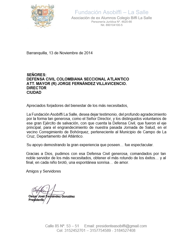 DEFENSA CIVIL COLOMBIANA Seccional Atlántico: Carta de 