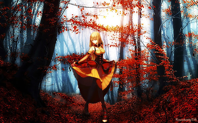   Forest Tree Leafs Blonde Hair Beautiful Girl Anime HD Wallpaper Desktop PC Background 1943 
