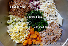 a bowl with the ingredients used to make CSA farm share chopped salad