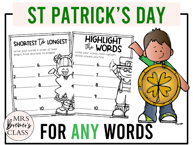 St Patricks Day themed spelling practice word work activities for ANY words in Kindergarten, First Grade, Second Grade, and Third Grade