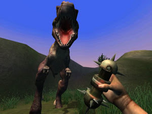 Good luck trying to hit that dinosaur with your grenade