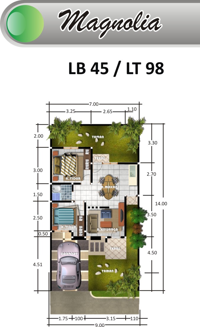 GAMBAR DENAH  RUMAH  TYPE  45 DAN UKURANNYA freewaremini