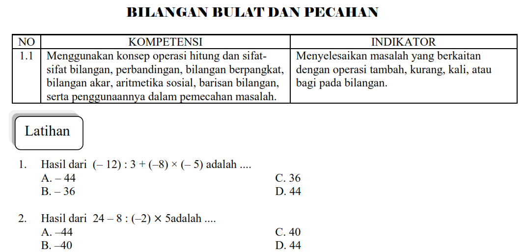 Latihan Bilangan  Bulat  dan Pecahan MATEMATIKA