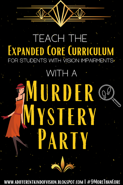 Graphic that features Gatsby era clipart that says Teach the Expanded Core with a Murder Mystery Party