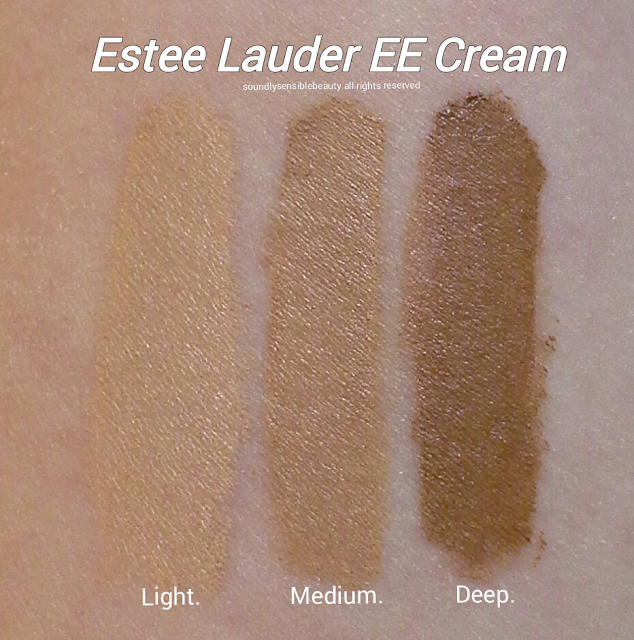 Estee Lauder EE Creme Even Enlighten Swatches of Shades Light, Medium, Deep