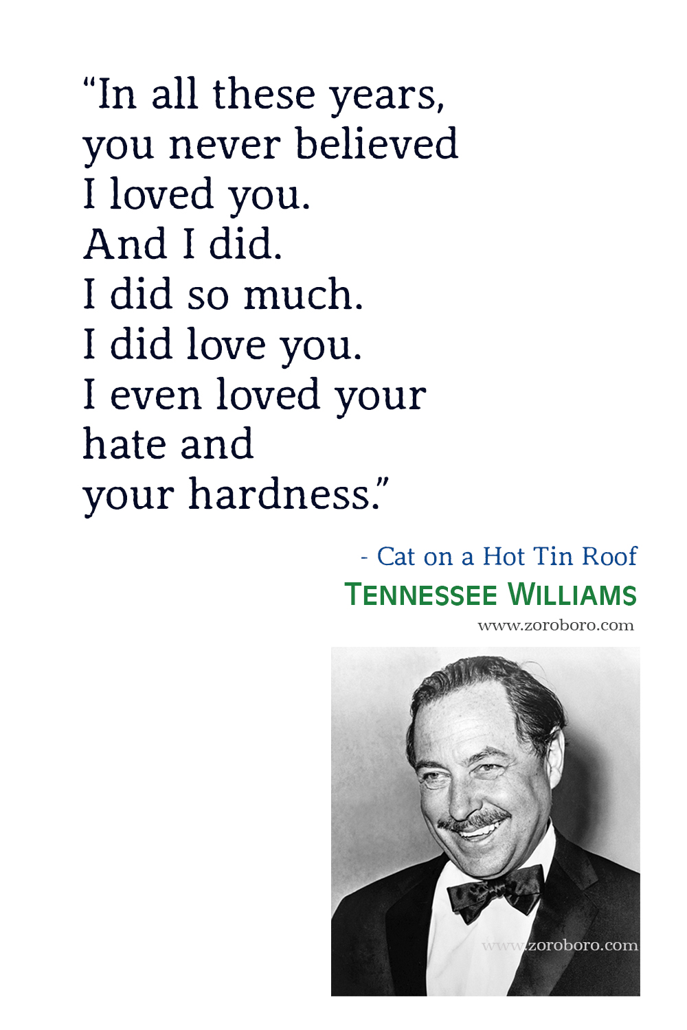 Tennessee Williams Quotes, Tennessee Williams Books Quotes, Tennessee Williams A Streetcar Named Desire, Love, Life, Happiness & Success Quotes, Tennessee Williams Poems, Poetry, Tennessee Williams The Glass Menagerie Quotes, Tennessee Williams Cat on a Hot Tin Roof Quotes.