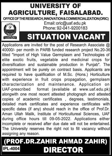 Latest University of Agriculture UAF Research Posts Faisalabad 2022