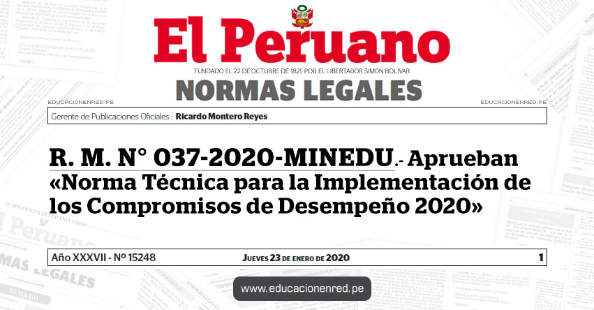R. M. N° 037-2020-MINEDU.- Aprueban «Norma Técnica para la Implementación de los Compromisos de Desempeño 2020»