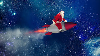 Santa Claus  on a rocket going to deliver presents