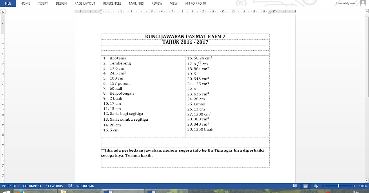 KUNCI JAWABAN UAS MAT 8 SEM 2 - Materi Matematika