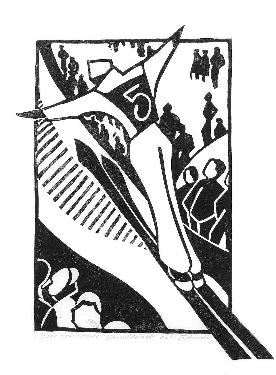 a Lill Tschudi lino-cut print of an olympic ski jumper