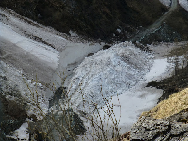 Imposante Lawinenablagerung samt aufwändiger Schneeräumung im nördlichen Osttirol (Foto: 26.05.2021)