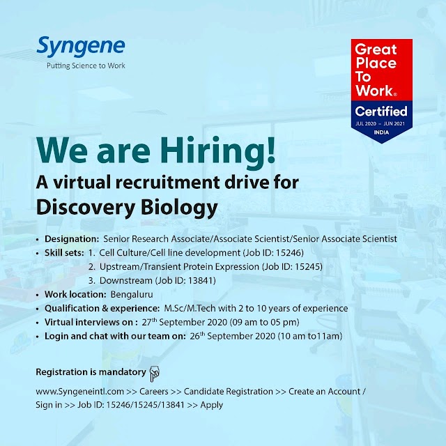 Syngene International | Virtual Recruitment on 27 Sept 2020 for Discovery Biology