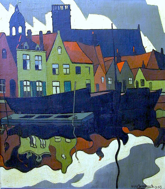 an Achiel Van Sassenbrouck 1923 painting of a town reflected in water