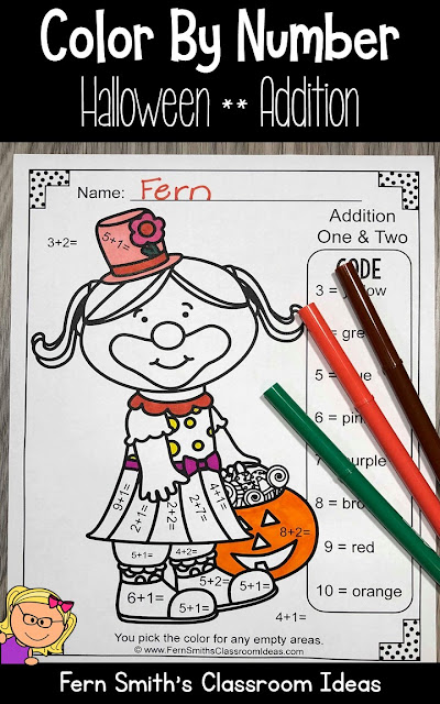 Halloween Color By Number Cute Students in Halloween Costumes for Some October Halloween Fun For Your Addition Math Lessons - For Kindergarten, First Grade and Second Grade - TeacherspayTeachers - #FernSmithsClassroomIdeas