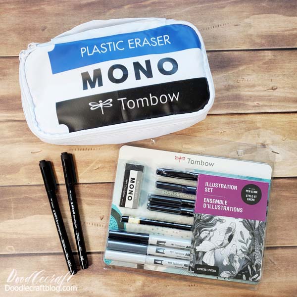 This Tombow USA's VIP Box comes with:   Tombow's New Illustration Set (eraser, 3 ABT PRO Alcohol Based Markers, Smudge-Proof Pencil, 4 MONO Drawing Pens--including the newest .05 and 6 sizes, Fudenosuke Brush Pen,, MONOTWIN Permanent Marker and...   This adorable zipper pencil case--looking like the MONO eraser!