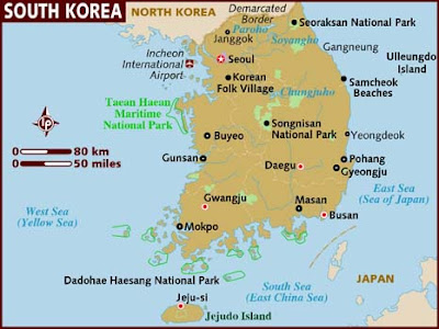 south korea and north korea map. just below North Korea.