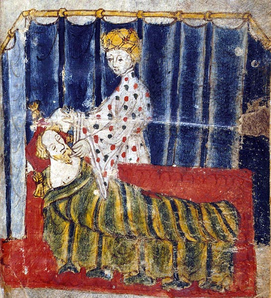 manuscript illumination of a bearded man lying in an opulent bed, while a woman seems to be giving him food or drink