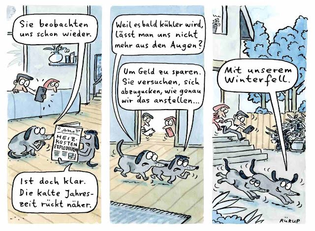 Energie, Sparen, Kohle, Gas, Nord Stream, Putin, Ukraine, Krieg, Gasspeicher, frieren, Winter, Kälte, Heizen, Comicstrip, Welt am Sonntag, Rürup