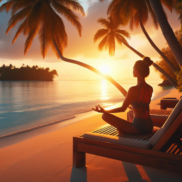 A women Setting on beach sun rising doing meditation