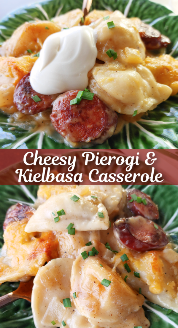 Cheesy Pierogi and Kielbasa Casserole | A simple one-pan pierogi bake with a quick and easy homemade sauce (no canned soup!), kielbasa, potato dumplings and cheese.