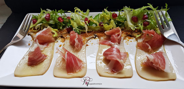 Carpaccio de Seta de cardo confitada, jamón y quicos