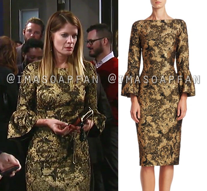 Nina Reeves, Michelle Stafford, Gold Jacquard Dress with Bell Sleeves, General Hospital, GH