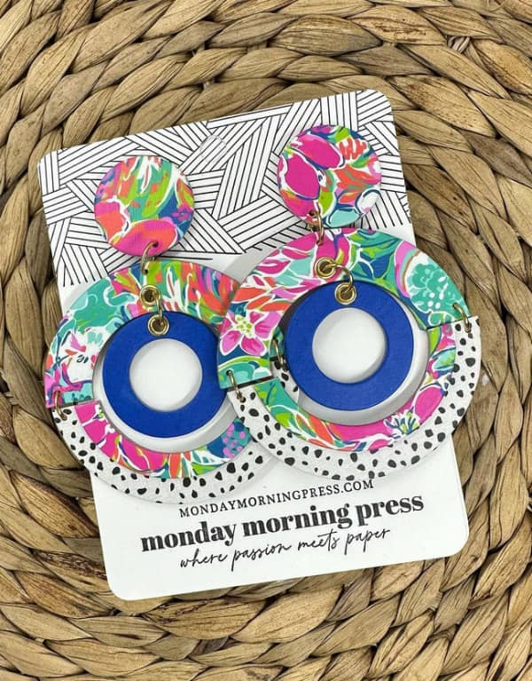 big and bold circular paper earrings on shop backing card