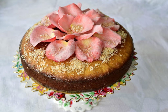 Semolina Coconut Cake with Sugared Rose Petals