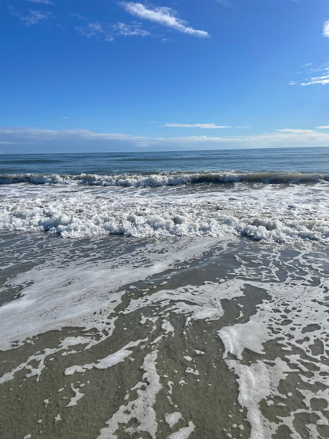 Another picture of the ocean as it comes in towards the shore. There are bubbles along the shoreline and in the shallows of the water.