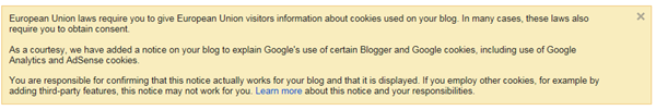 EU Cookies notice in Dashboard