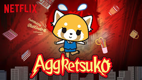 Image of a cute red panda anime character surrounded by office equipment and the title "Aggretusko" in yellow and red lettering.