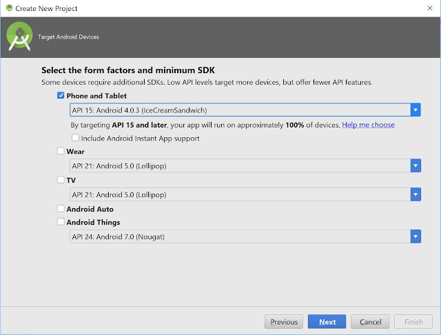 Select the form factors and minimum SDK