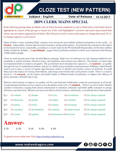 DP | Cloze Test (New Pattern) For IBPS Clerk Mains | 14-12-2017