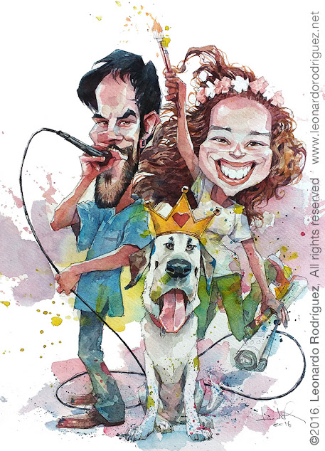 caricature of a couple with a labrador dog