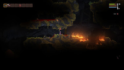 A wizard in a cavern standing next to a fire and surrounded by blood.