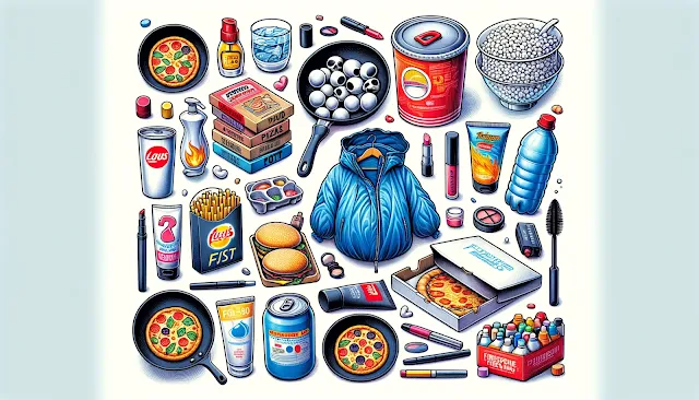 Cette image illustre la présence généralisée des PFAS, également connus sous le nom de 'polluants éternels', dans les objets du quotidien. On y voit des ustensiles de cuisine antiadhésifs, une boîte à pizza, des emballages de fast-food, un imperméable, des tissus d'ameublement, du mascara, du rouge à lèvres et une bouteille de mousse anti-incendie. Ces produits chimiques synthétiques, utilisés pour leurs propriétés antiadhésives, résistantes à l'eau et à la chaleur, se trouvent dans divers produits industriels et de consommation. L'image souligne la persistance environnementale et les risques potentiels pour la santé associés aux PFAS, tels que le cancer, les problèmes de fertilité, les maladies thyroïdiennes et la toxicité immunitaire.