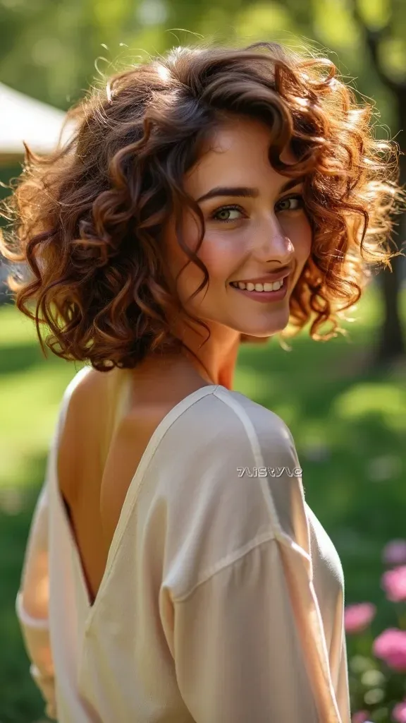 A woman with a honey brown curly bob, showcasing bouncy curls that add volume and liveliness.