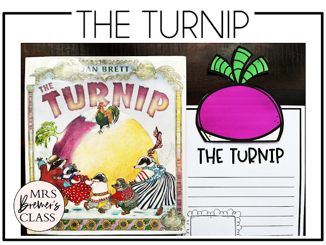 The Turnip Jan Brett book activities unit with read aloud companion printables, reading comprehension worksheets, literacy lesson ideas, and a craft for Kindergarten, First Grade, and Second Grade