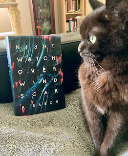 a small black cat sits beside a large hardback copy of Nightwatch Over Windscar. The cat is pretending not to notice either the book or the looming photographer.