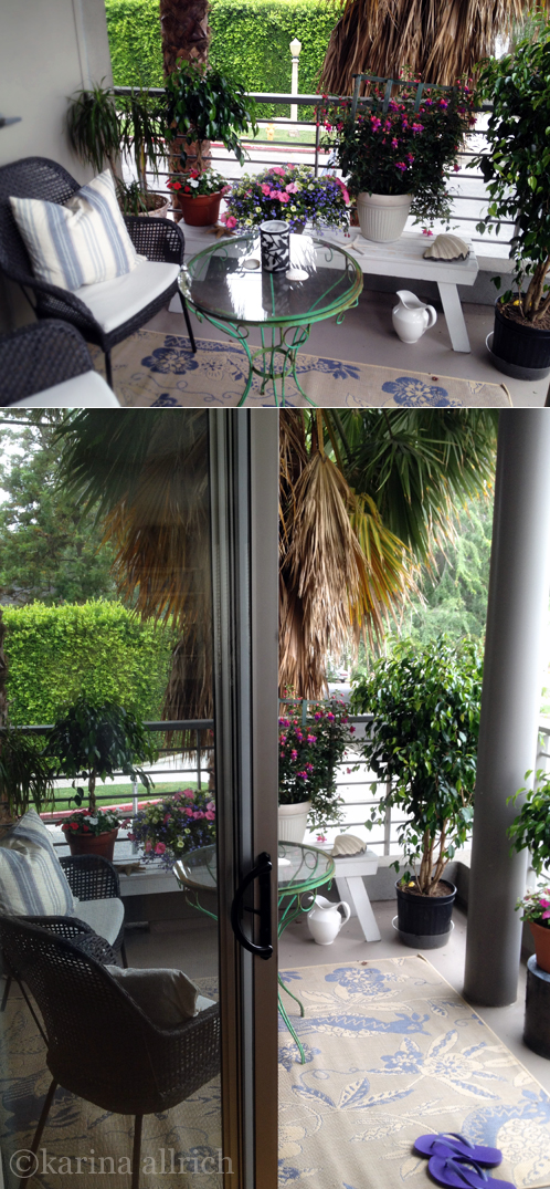 We love our covered corner balcony- we added an outdoor rug, and plants for privacy.
