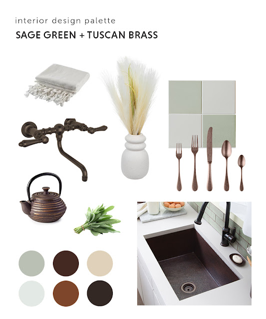 Mood board featuring green and brass color palette.