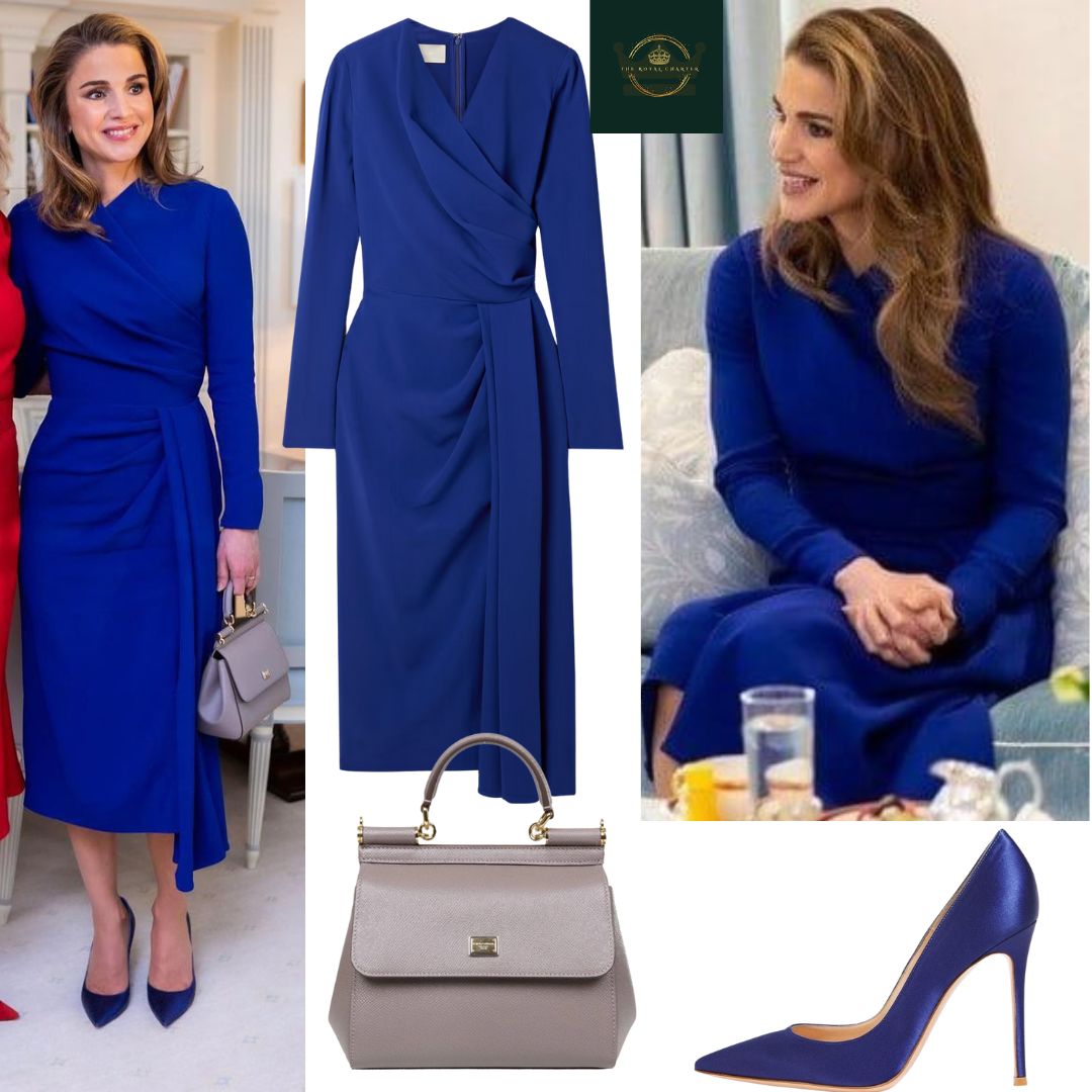 Queen Rania was looking stunning in royal blue Elie Saab wrap Effect Pleated Crepe Midi Dress paired with Gianvito Rossi satin blue pumps and Dolce & Gabbana Small Sicily Top-Handle Bag.