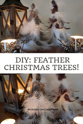 Chicken feather crafts:  Christmas tree made from white and black spottedfeathers.