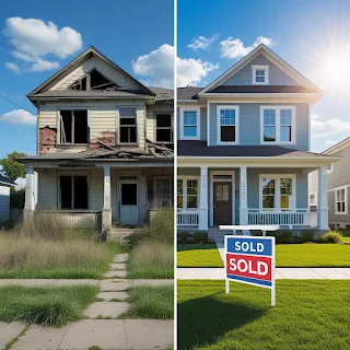 Before and after house flip showing rundown and renovated home.
