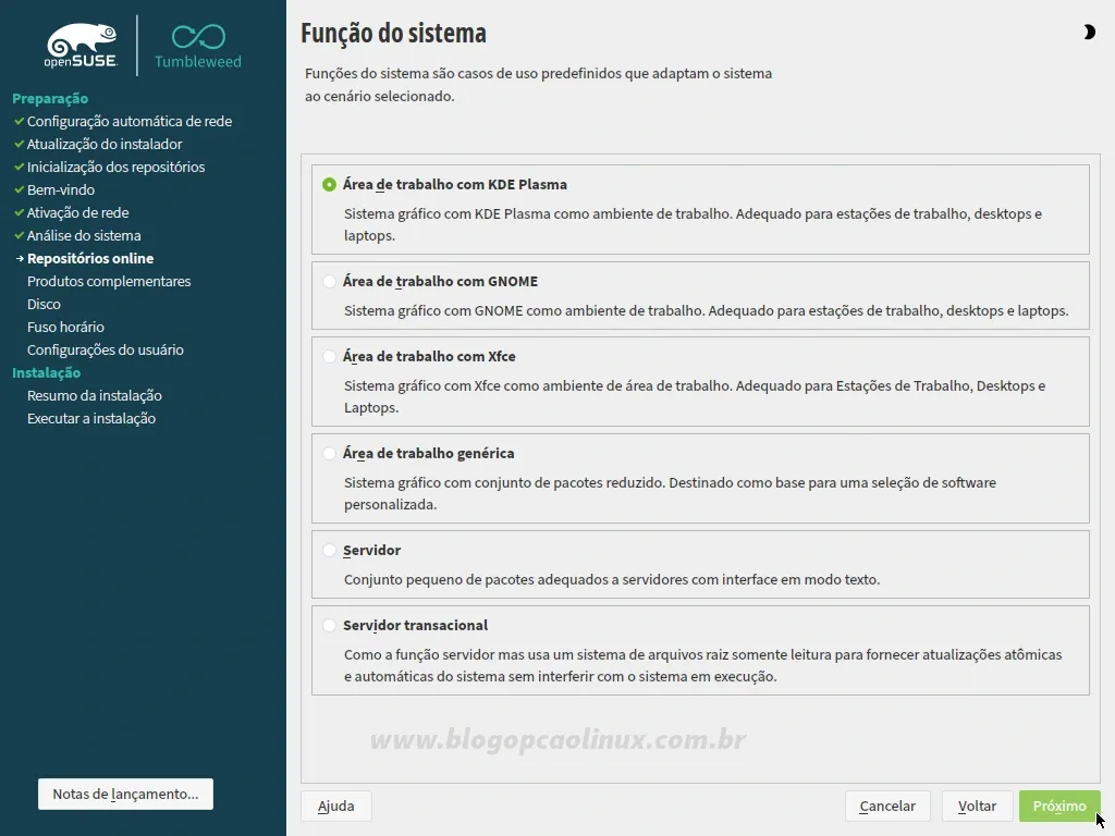 Selecione o ambiente de desktop que queira utilizar no openSUSE Tumbleweed