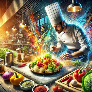A chef at work, meticulously preparing a complex dish with precision and passion, discovering the flavors and stories behind the world’s most difficult dishes.